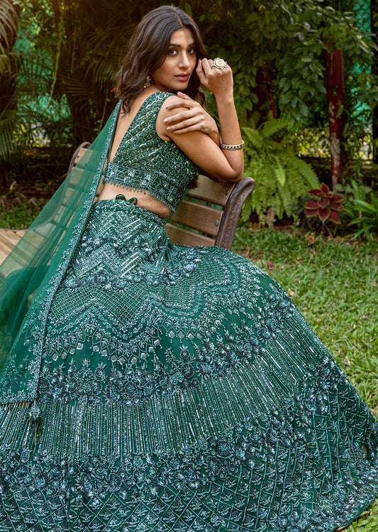 Emerald Green Abstract Lehenga Set