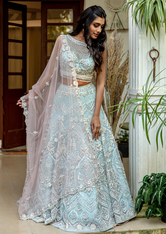Sky Blue Champagne Silver Lehenga Set