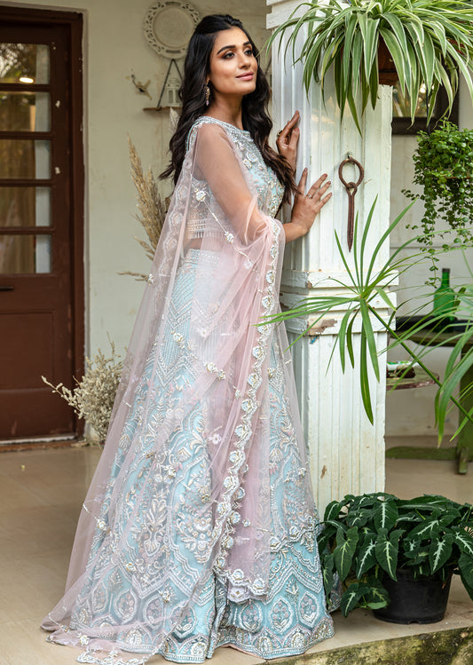 Sky Blue Champagne Silver Lehenga Set