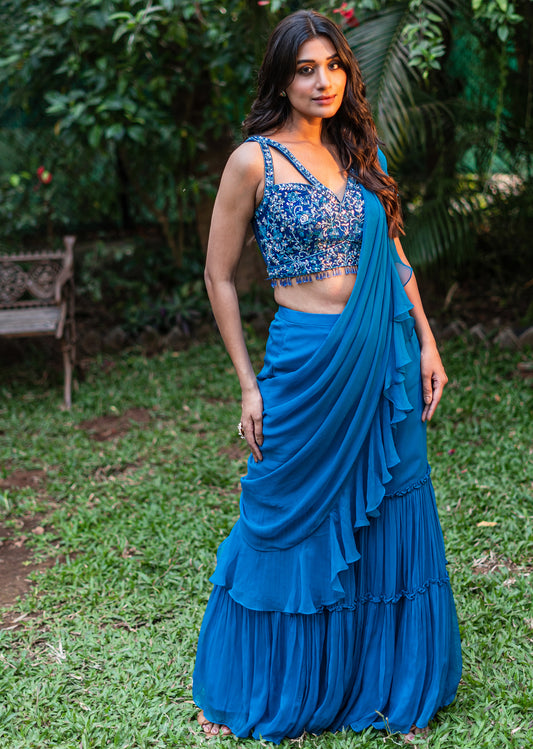 Cobalt Blue Tiered Drape Palazzo Set