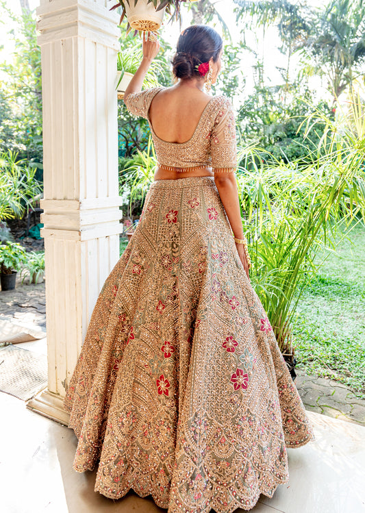 Pastel Moss And Gold Applique Lehenga Set