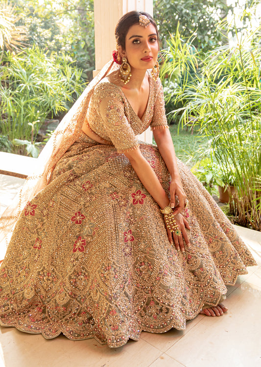 Pastel Moss And Gold Applique Lehenga Set