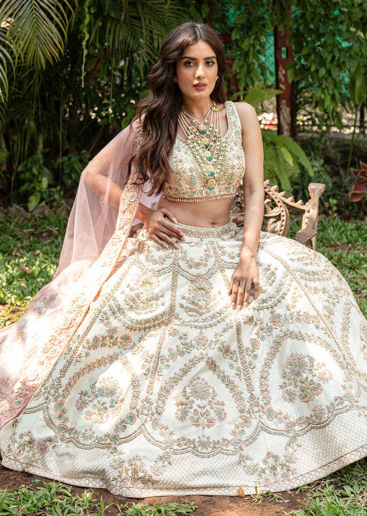 Ivory And Blossom Pink Archaic Lehenga Set