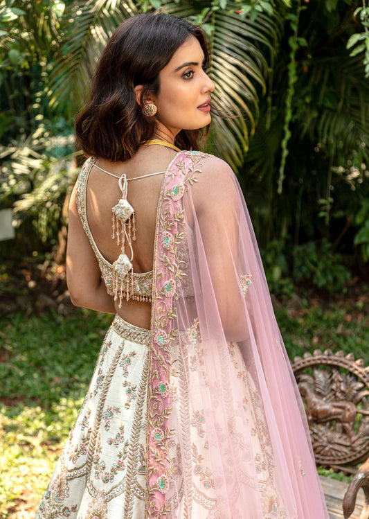 Ivory And Blossom Pink Archaic Lehenga Set