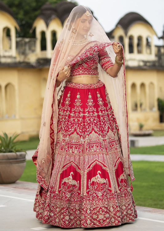 Red Raw Silk Bridal Lehenga Choli Set