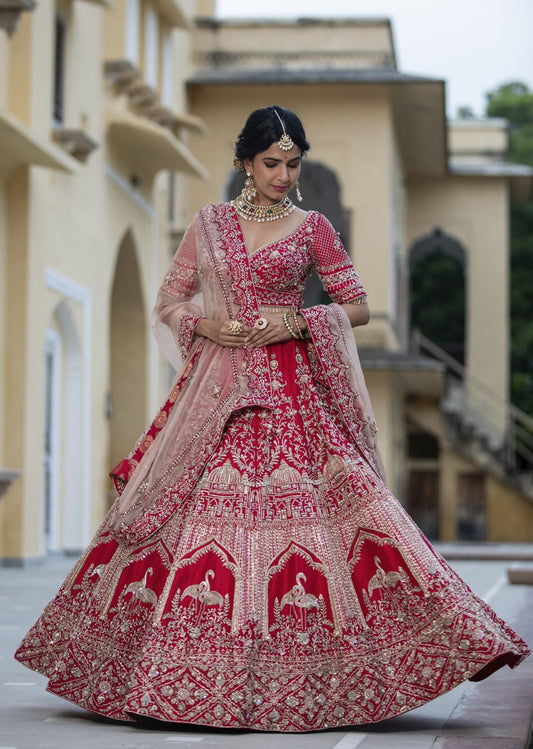 Red Raw Silk Bridal Lehenga Choli Set