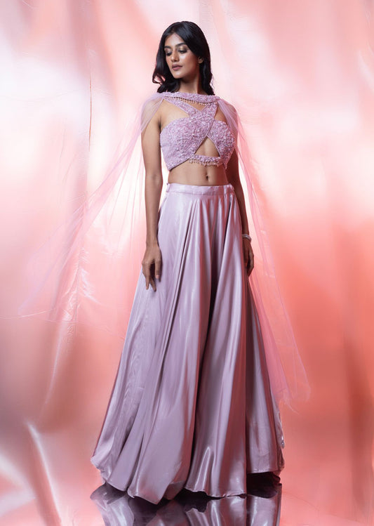 Pink Net Blouse With Pink Lehenga