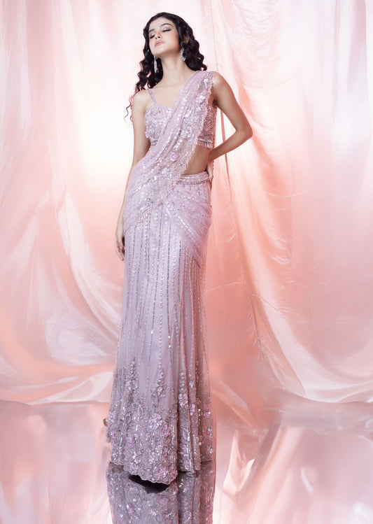 Pink Kali Saree With Attached Drape And Choli