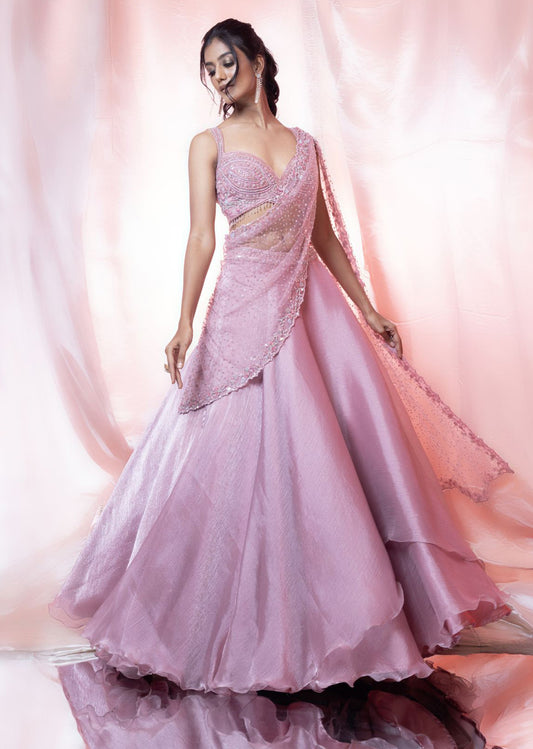 Old Rose Pink Crush Fabric Lehenga With Drape Dupatta