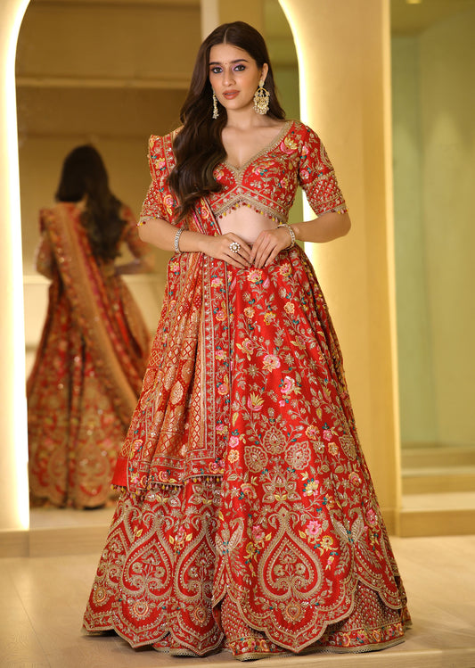 Red Zari & Resham Hand-Embroidered Bridal Lehenga with Sage Green Dupatta – Rangdeep
