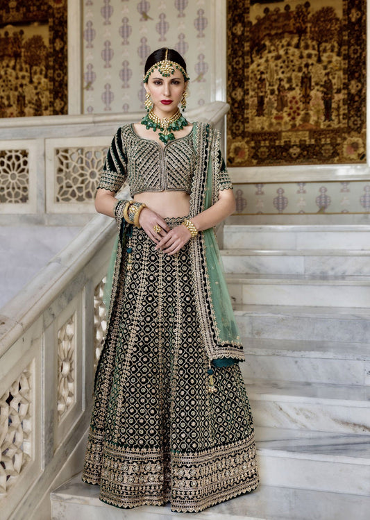 Dark Forest Green Velvet Gold Embroidered Lehenga Set