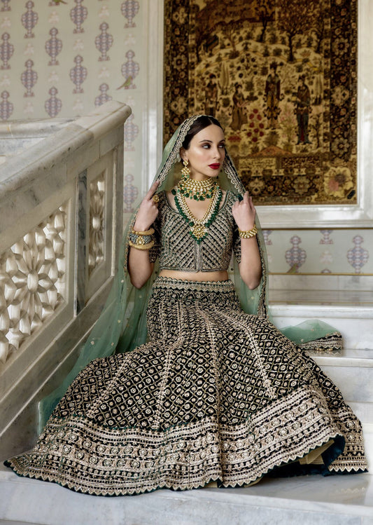 Dark Forest Green Velvet Gold Embroidered Lehenga Set