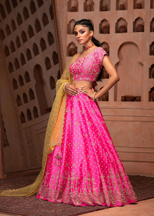 Fuchsia Pink Floral Detail Lehenga Set