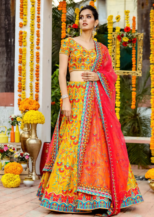 Mustard Multicolored Resham Lehenga Set