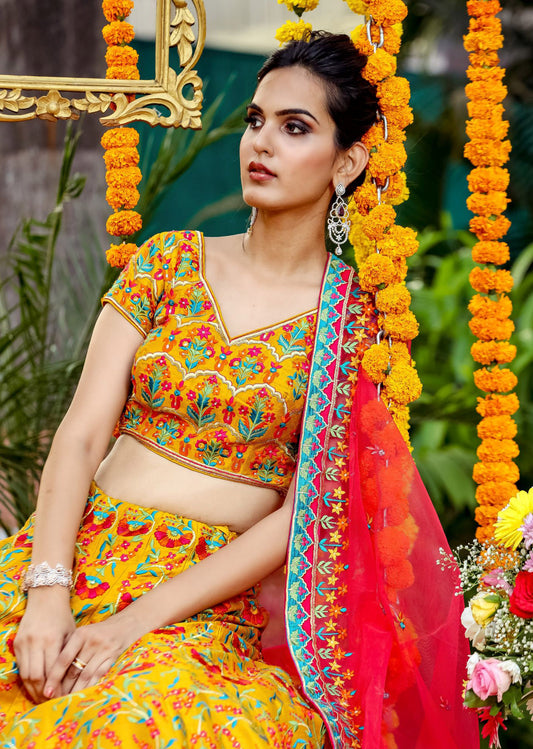 Mustard Multicolored Resham Lehenga Set