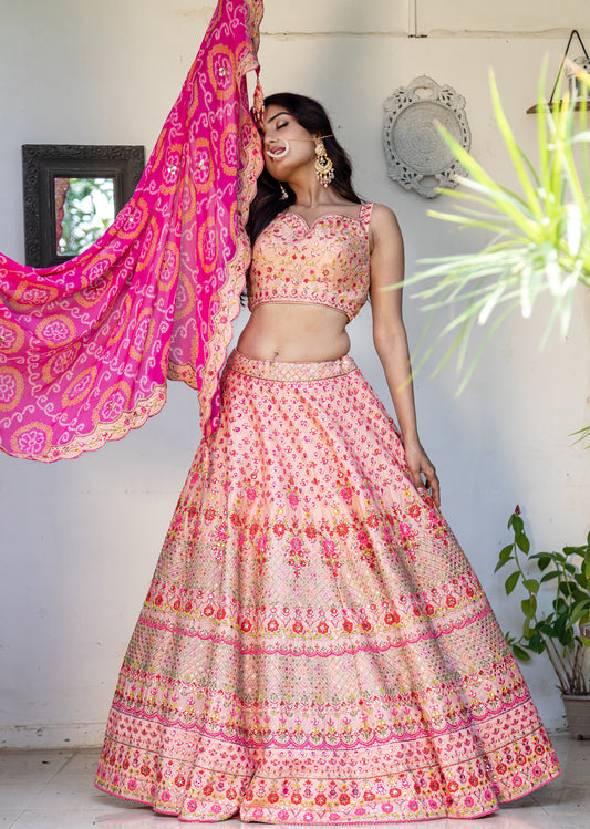 Coral And Pink Resham Lehenga Set