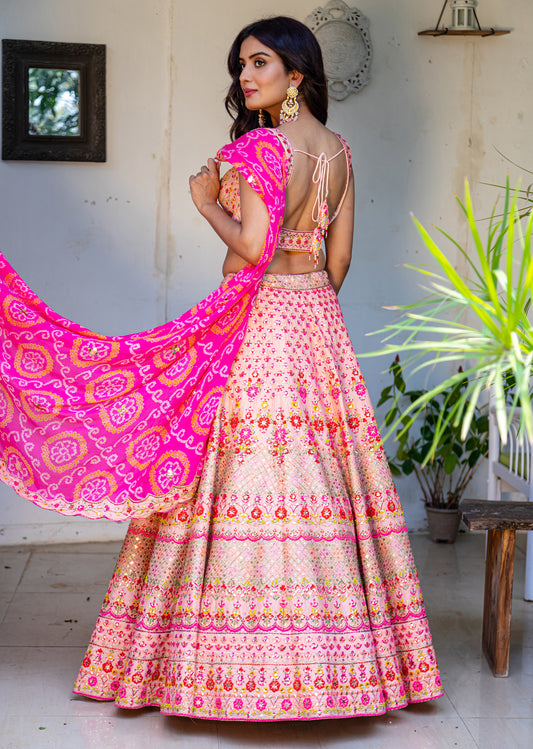 Coral And Pink Resham Lehenga Set