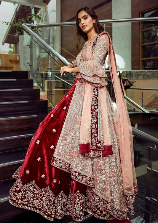 Peach And Maroon Anarkali Lehenga
