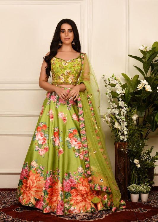 Lime  Green Floral Print  Lehenga Set