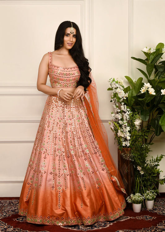 Peach Orange Ombre Mirrorwork Lehenga Set