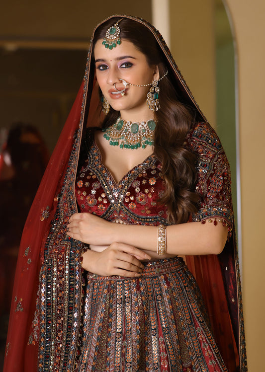 Deep Red Zardosi & Resham Hand-Embroidered Bridal Lehenga – Ruhani Raag