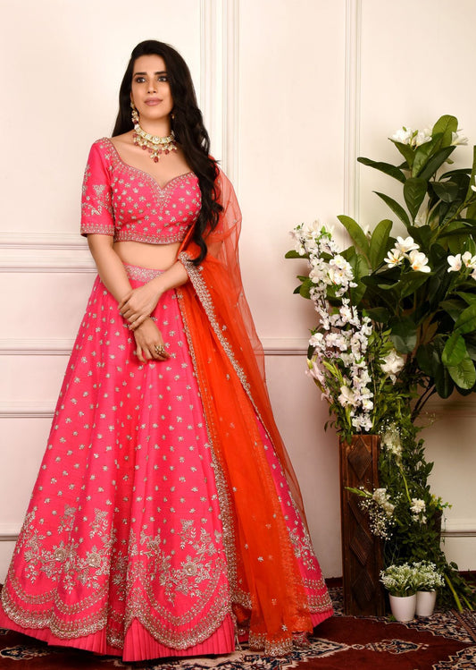Hot Pink And Vermillion Zardozi Lehenga Set