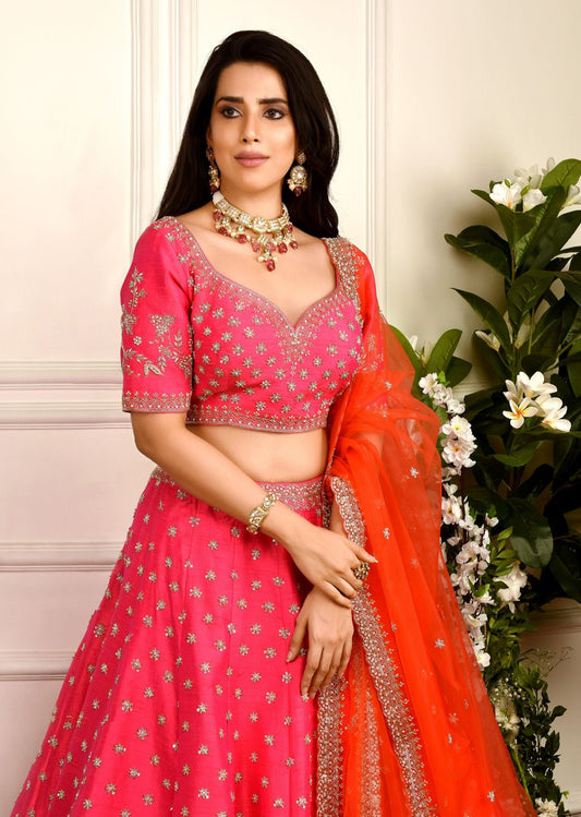 Hot Pink And Vermillion Zardozi Lehenga Set