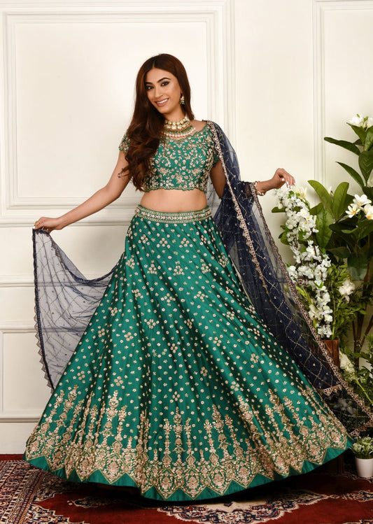 Sea Green And Navy Zardozi Lehenga Set