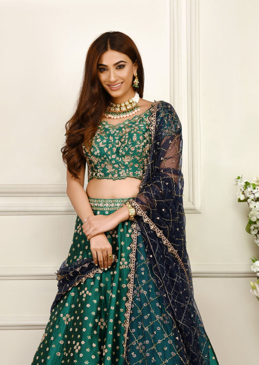 Sea Green And Navy Zardozi Lehenga Set
