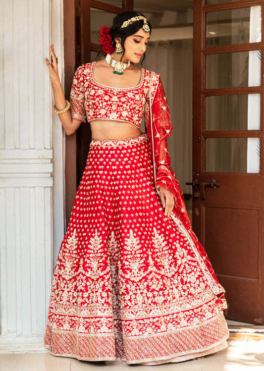 Carmine Red Floral Bagh Lehenga Set