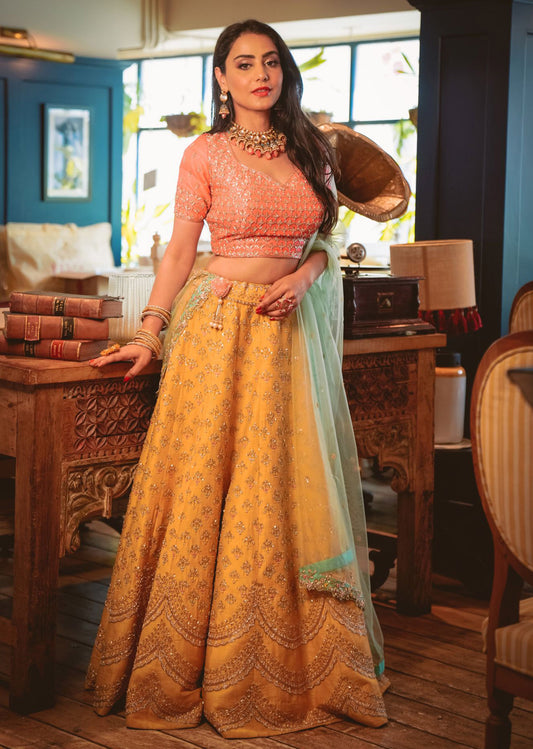 Coral Yellow Aqua Scallop Lehenga Set