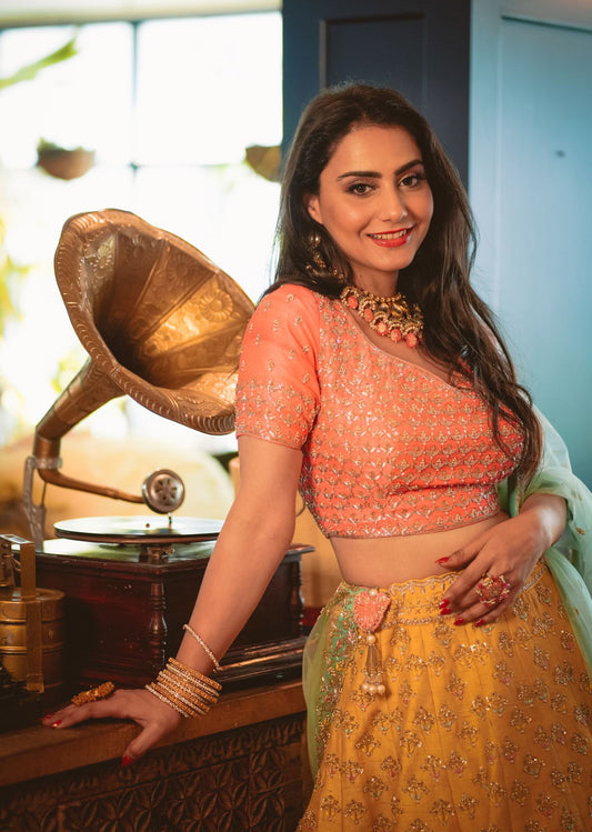 Coral Yellow Aqua Scallop Lehenga Set