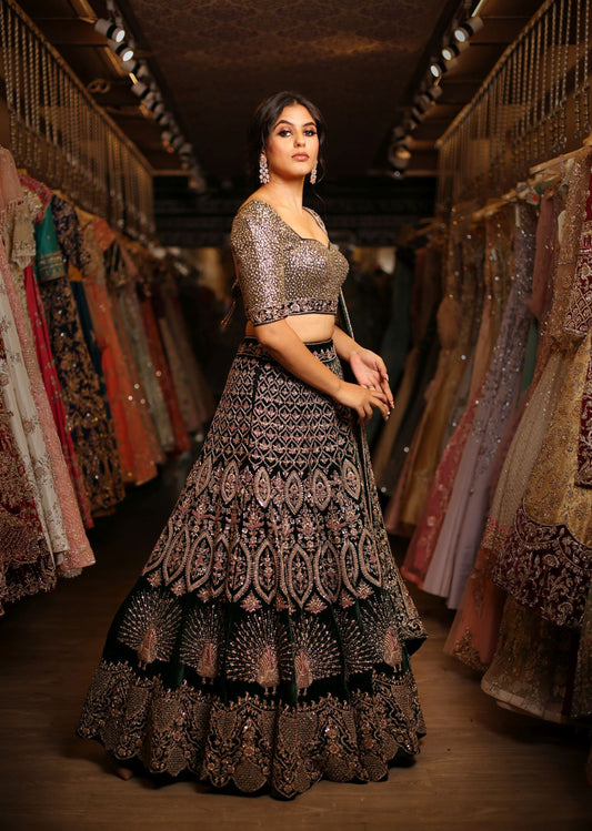 Forest Green Velvet Persian Lehenga Set