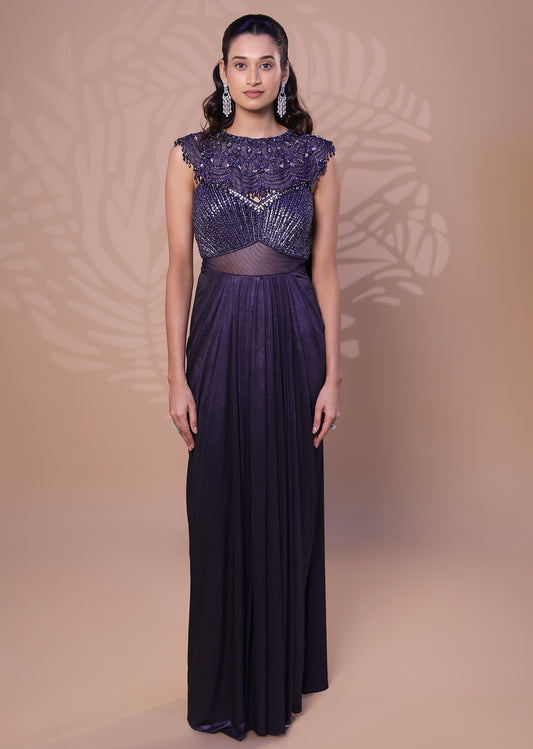 Metallic Navy Blue Saree Gown with Embellished Cape