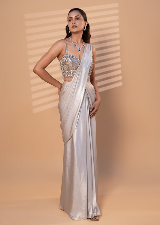 Metallic Grey Pre-Draped Saree with Embellished Blouse