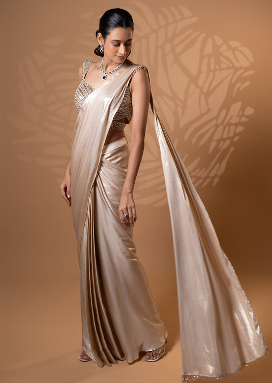Champagne Shimmer Pre-Draped Saree Set