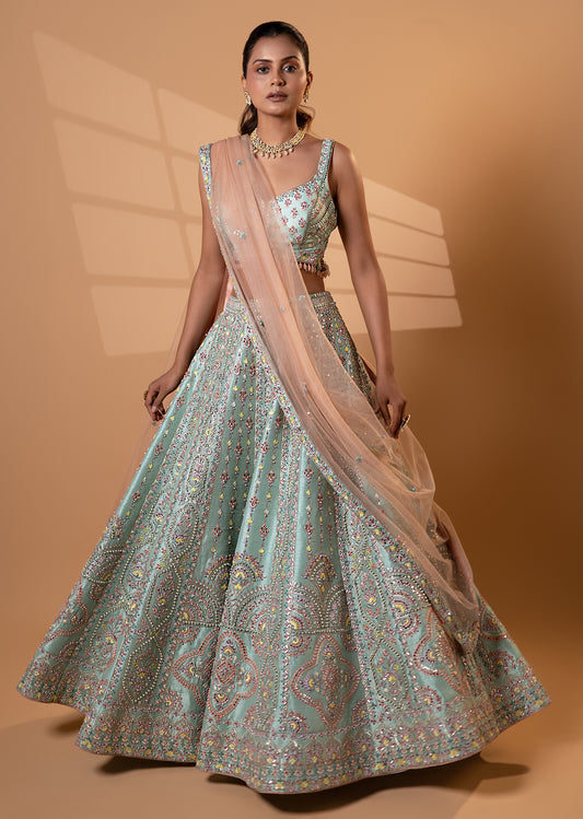 Mint Peach Bridal Embroidered Lehenga