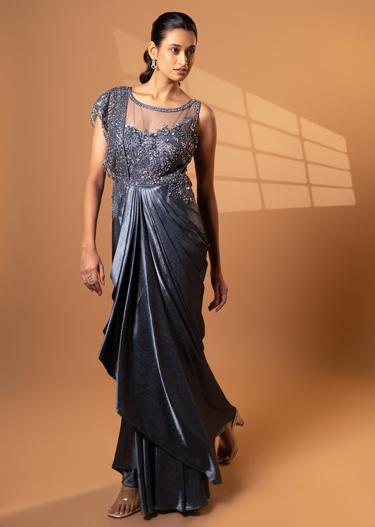 Charcoal Grey Cape Drape Gown