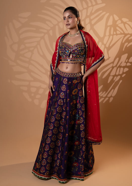 Purple Floral Lehenga with Red Dupatta