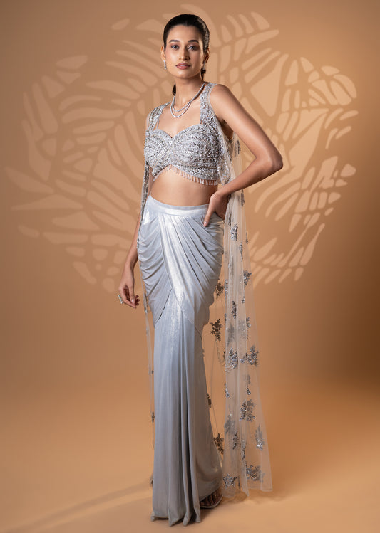 Silver Embellished Skirt Set with Trail Dupatta