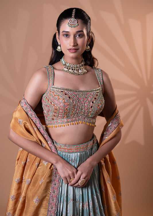 Teal Blue Embroidered Pleated Lehenga Set