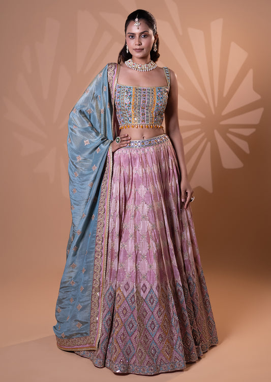 Mauve Pink Embroidered Lehenga Set with Powder Blue Dupatta