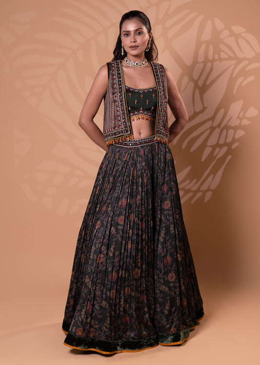 Olive Green Printed Lehenga Set with Embroidered Jacket