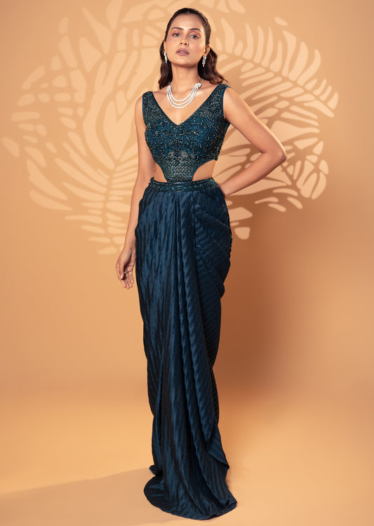 Teal Blue Satin Drape Gown with Bead & Sequin Detailing