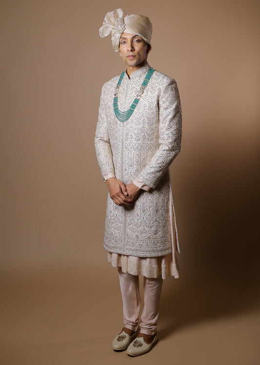 Peach Blossom Sherwani Set with Kurta & Dupatta