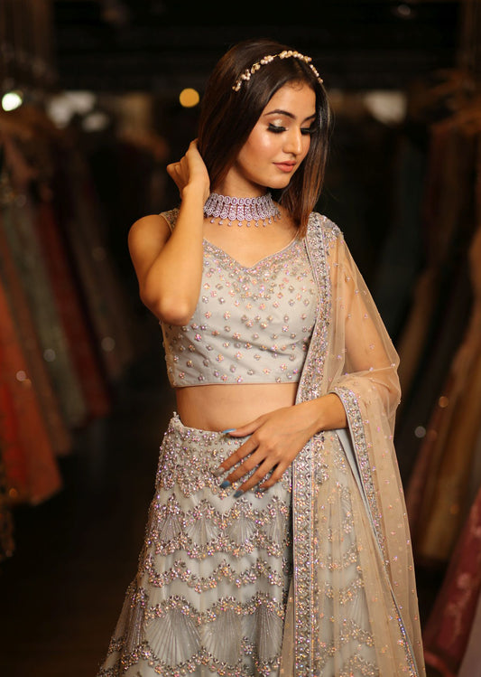 Pale Blue Archaic Lehenga Set