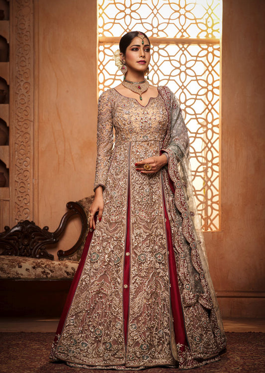 Gold And Maroon Mughal Anarkali Lehenga Set