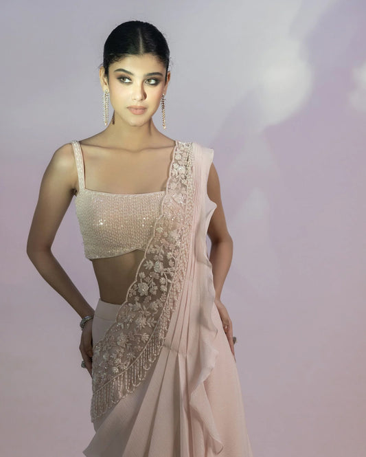 Light Pink Pre Stitched Ruffle Saree