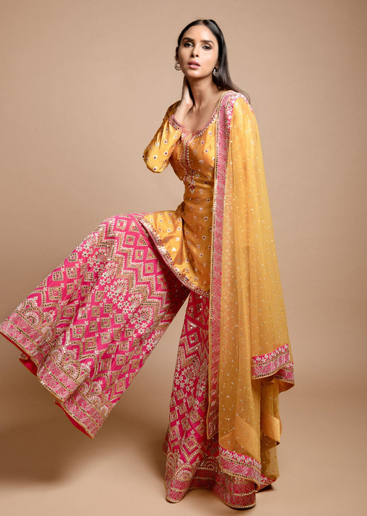 Yellow And Pink Sharara Set