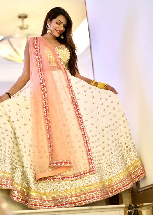 Tanvi Thakker - Off-White And Yellow Mirror Lehenga Set